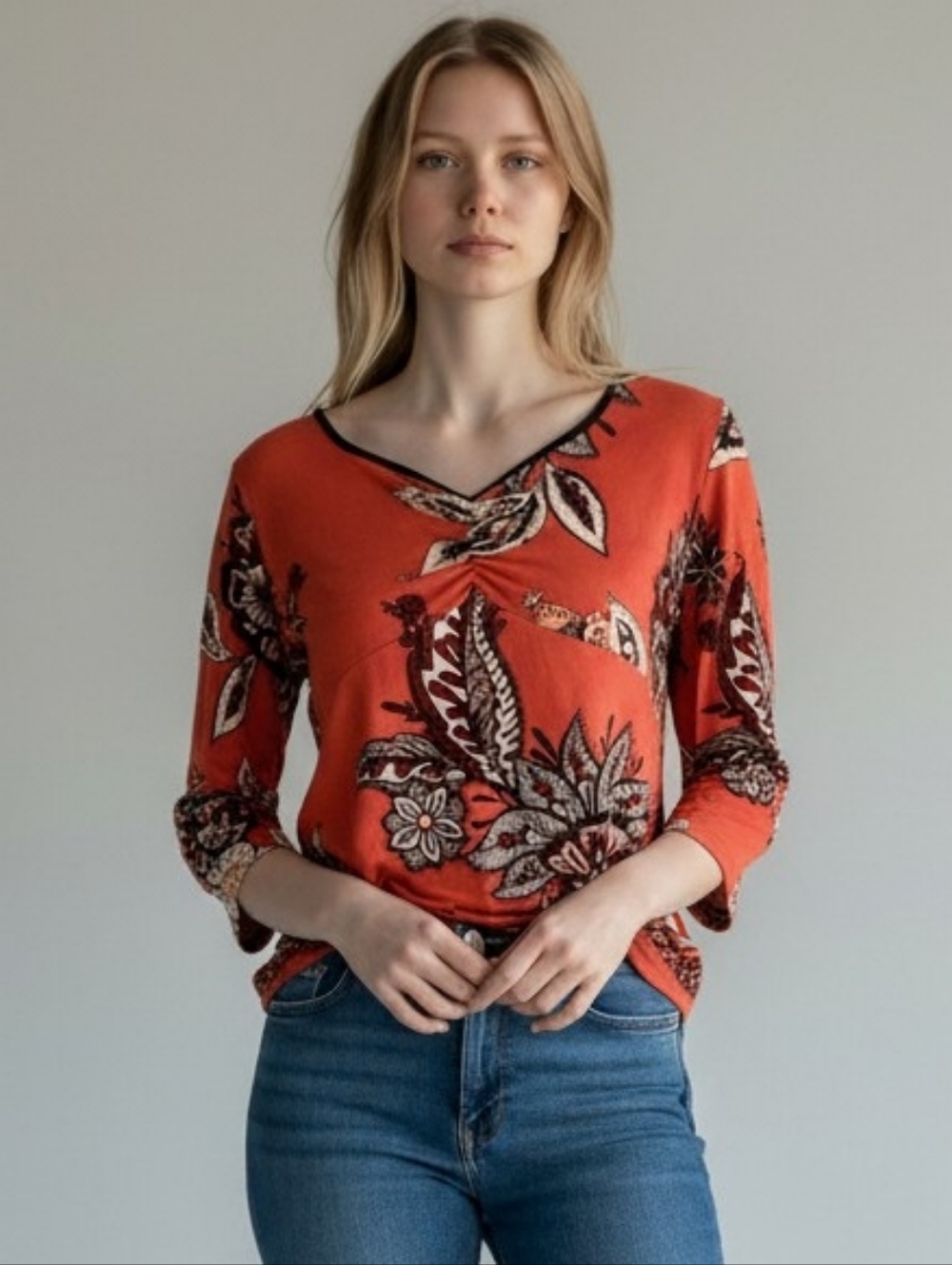 Ann Taylor Knit Rust Floral V-Neck Blouse